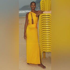 Baobab Collection Yellow Ruched Gown with Plunge Neckline for Cocktail